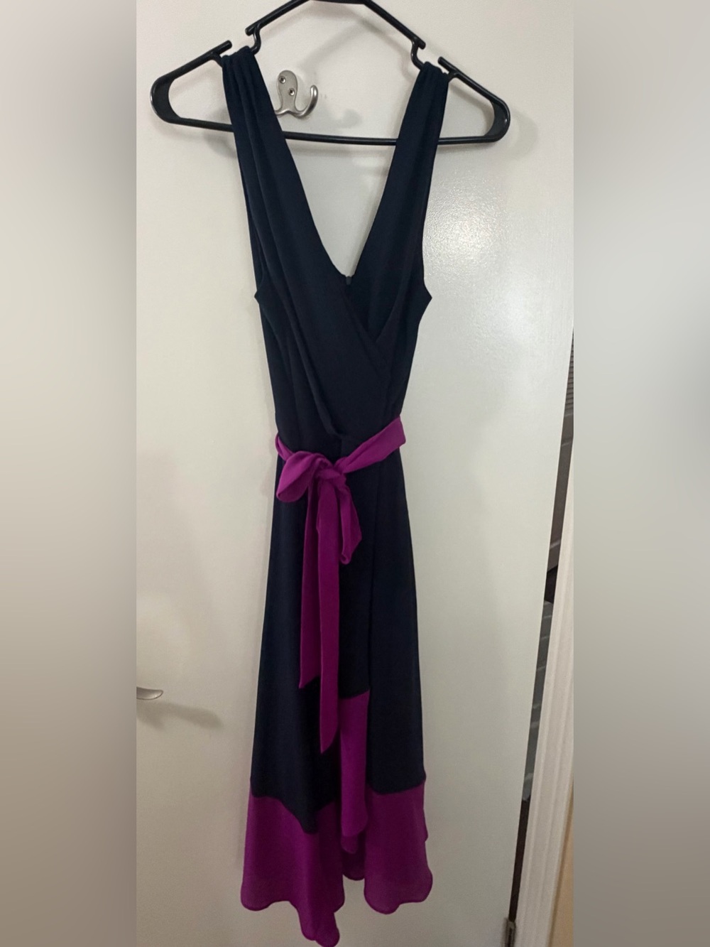 DKNY Navy and Magenta One-Shoulder Wrap Dress